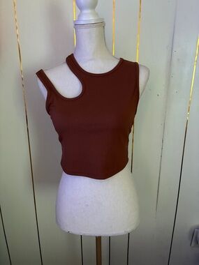 Asymmetric Cutout Ribbed Crop Tank Top - Rust